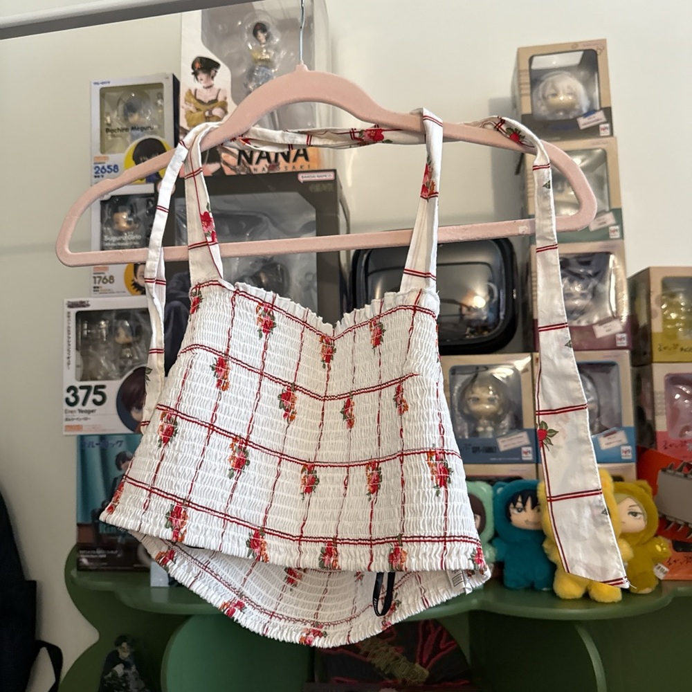Zara White and Red Checkered Floral Top